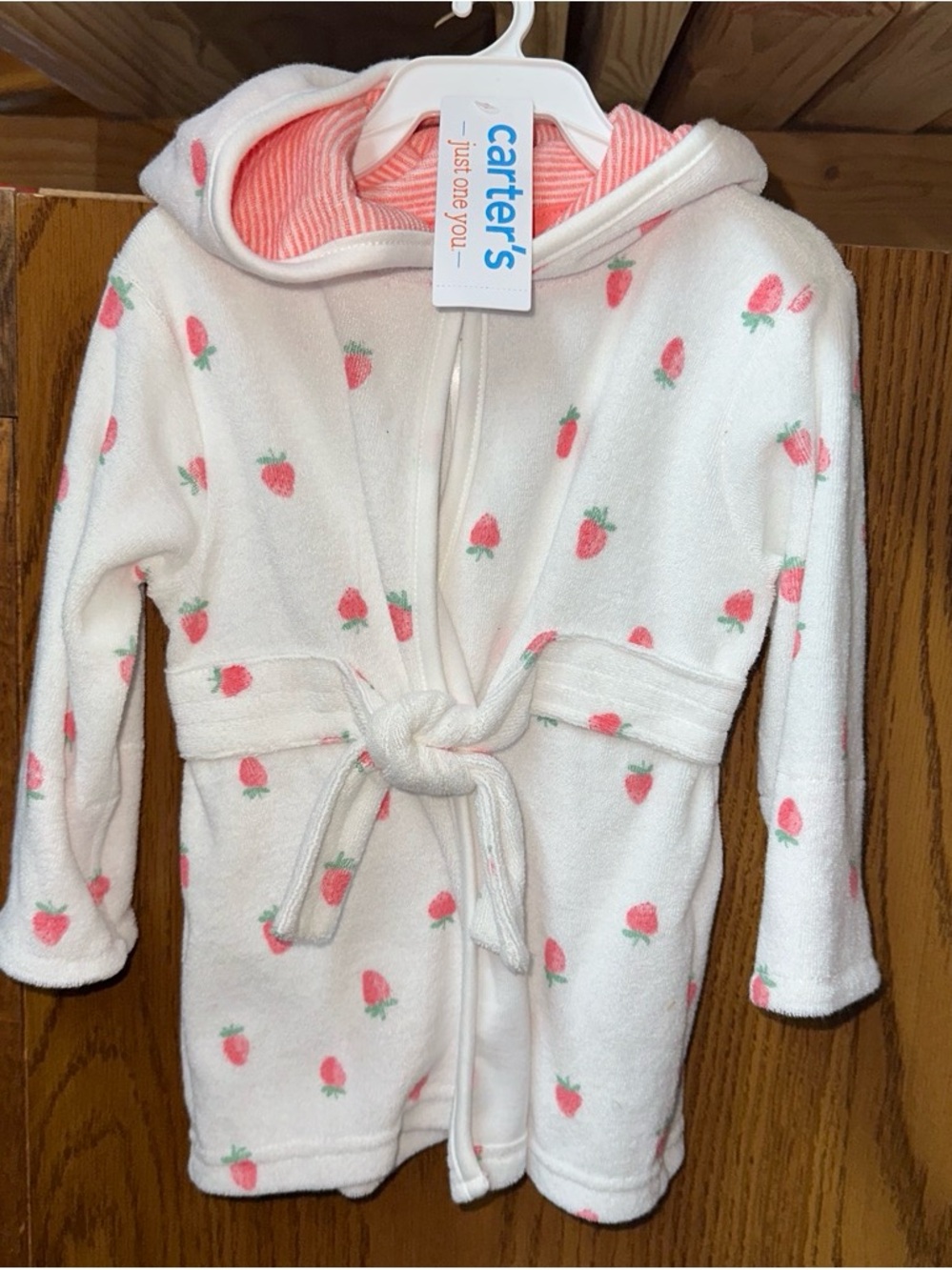 0-9mo Carter's White & Pink Strawberry Hooded Kids Pajama Robe